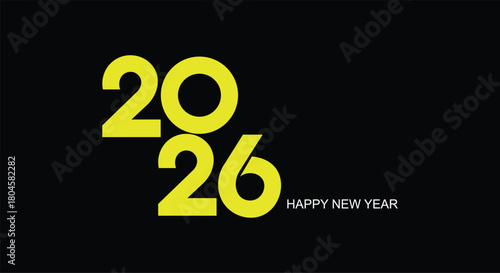 Yellow 2026 numbers and Happy New Year text on black background celebration