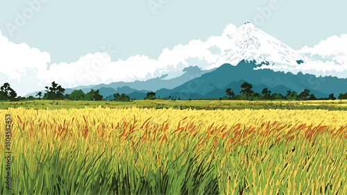 Rice Field with Mountain Background Vector - Serene Landscape Image