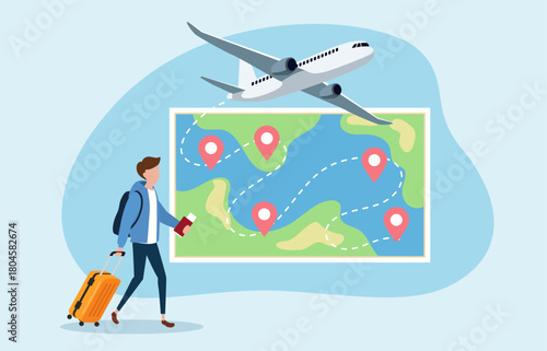 A traveler with luggage, passport, and a map with location pins and an airplane flying above, symbolizing travel planning, destinations, and the excitement of exploring new places.