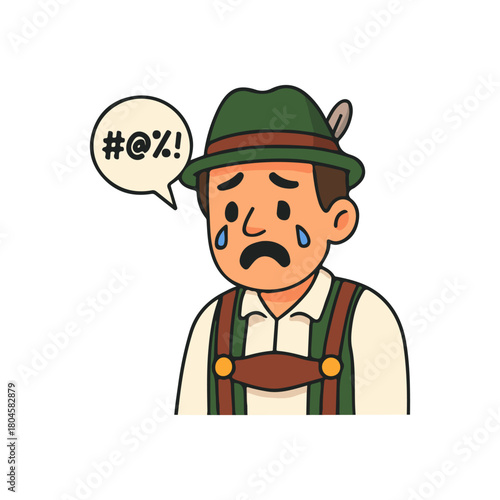 Sad man in traditional outfit crying with speech bubble. Emotional character expressing frustration and sorrow.