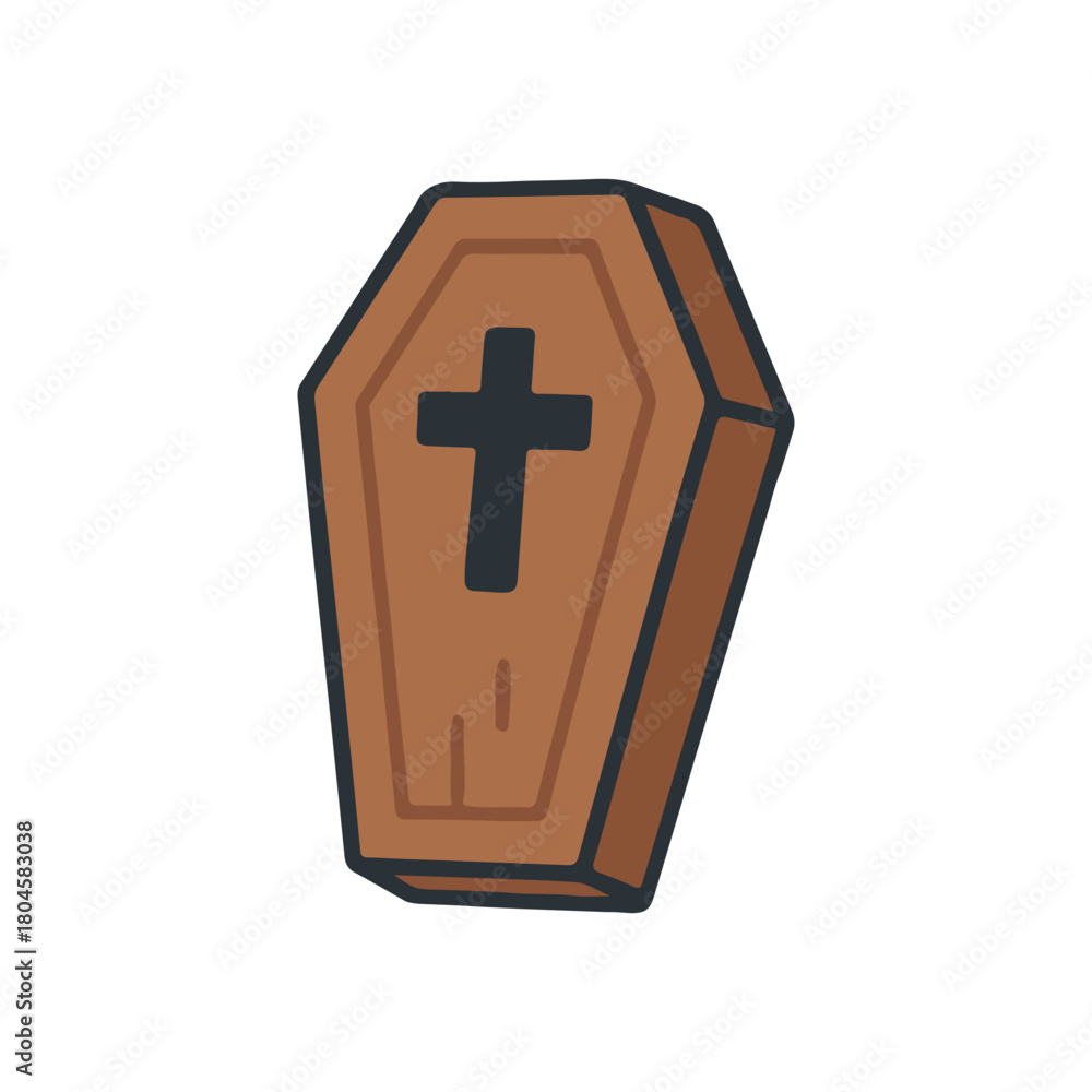 Fototapeta premium Wooden coffin with cross illustration. Halloween coffin design in flat spooky style.