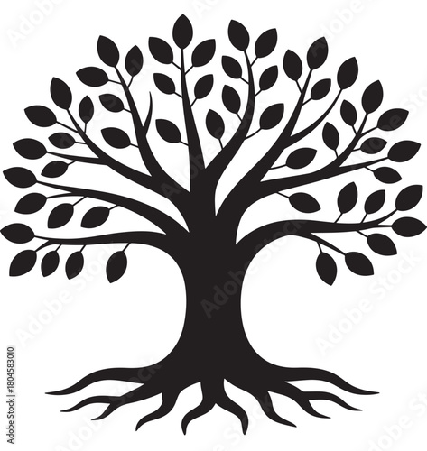 Stylized Tree of Life Symbol with Roots Branches and Leaves
