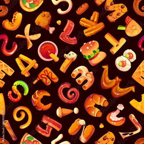 Fast food font letters seamless pattern. Fabric cartoon vector pattern. Fast food meal seamless print with bacon, pizza, sushi and french fries, hamburger, nuggets and chips English alphabet letters
