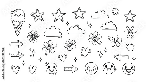 Playful Doodle Elements Collection: A whimsical collection of hand-drawn elements, perfect for adding a touch of charm and personality to any creative project. Includes stars, clouds, flowers, arrows.
