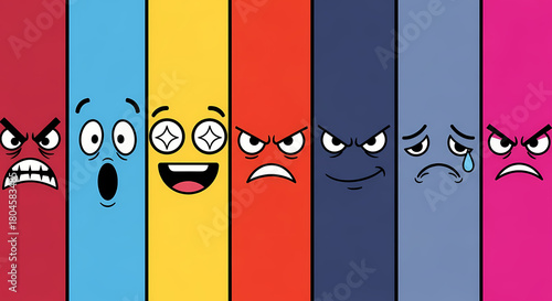 Colorful Cartoon Emotion Faces Representing Different Feelings and Expressions.
