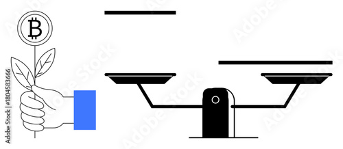 Hand holding a plant with a Bitcoin coin alongside a balanced scale representing financial stability. Ideal for cryptocurrency, blockchain, finance, sustainability, investment, eco-consciousness