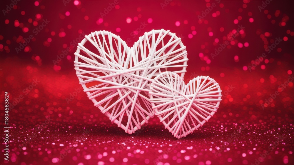 Fototapeta premium Two white string hearts on a sparkling red background