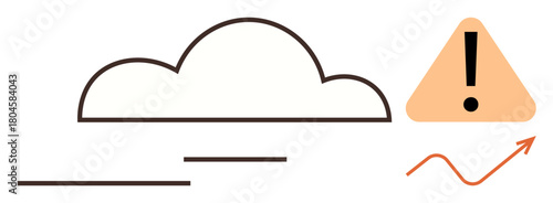 Large cloud, caution sign with exclamation mark, rising arrow line. Ideal for risk, environment, climate change, cybersecurity, data safety growth concepts. Simple flat metaphor