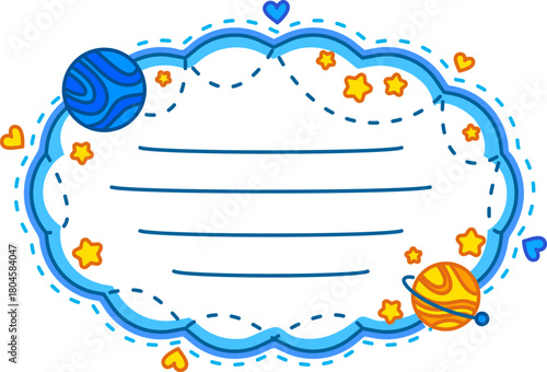 Sky clouds and space oval frame kids memo note template. Blue sky to do list frame, cosmos kids schedule vector memo note. Space galaxy scrapbook label with planets, blue cloud frame and stars