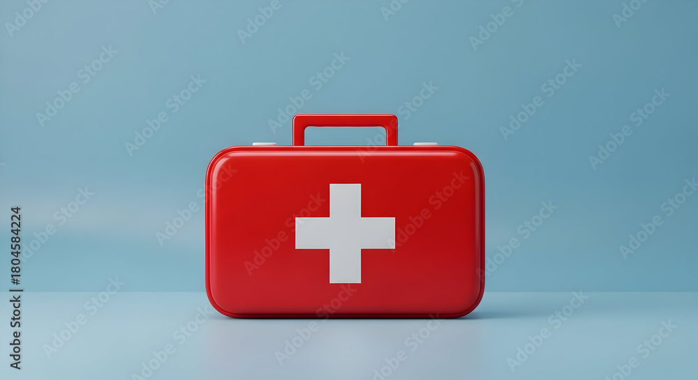 Obraz premium A bright red first aid kit on a blue background offers a sense of safety and preparedness for any medical emergency situation in a business 135