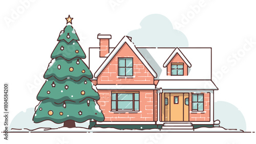 Festive Christmas Tree atop a House Vector Illustration