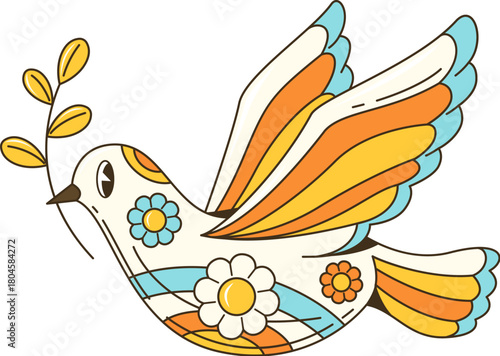 Cartoon vintage 80s groovy dove with olive branch sticker or tag. Cartoon 70s groovy sticker, isolated hippie vector patch. Vintage tag or label with peace symbol flying bird