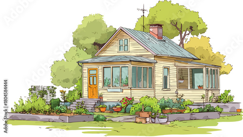 Modern house with lush garden and garden view vector illustration