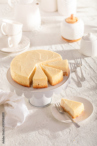 Cold New york cheesecake as traditional cake with cheese.