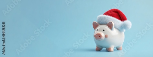 Merry Christmas shopping, xmas sale celebration holiday banner greeting card, long panorama - Cute happy piggy bank wearing a santa hat, isolated on blue background