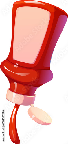 Cartoon plastic ketchup bottle with a flip top cap, turned upside down with catsup sauce pouring out. Isolated vector container with tomato condiment in cooking process. Packaging with blank label