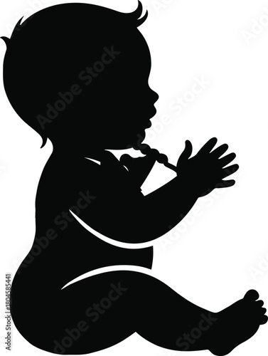 Silhouette Of Baby Sitting While Holding Teething Toy As Young Child Enjoys Oral Motor Exploration And Early Development Milestones
