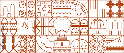 Dessert and cakes geometric pattern with muffin and candy, waffle and biscuits, pastry and cupcakes, ice cream, and chocolate, cookies and donuts. Vector linear grid background for bakeries or cafes