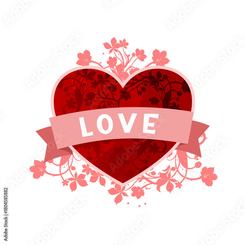 Photos Red heart with love ribbon and floral frame, vector illustration