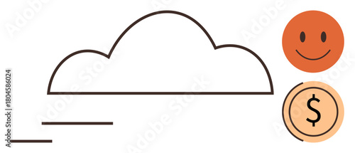 Cloud outline with motion lines symbolizes technology or speed, orange happy face represents positivity, and dollar coin icon suggests finance. Ideal for tech, innovation, positivity, simplicity