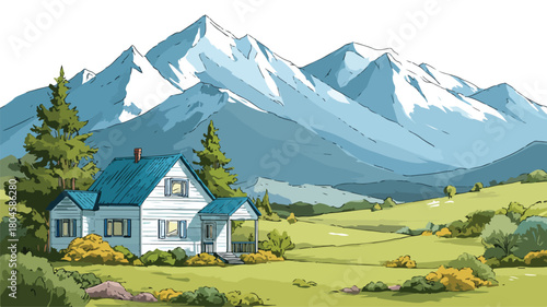 Scenic Landscape Painting with House and Mountains Vector