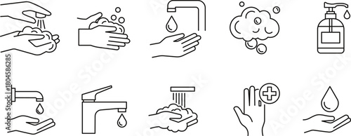 Collection of line icons depicting hand washing and hygiene steps soap water