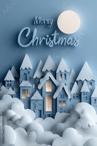 Merry Christmas snowy village paper art winter holiday design, illustration
