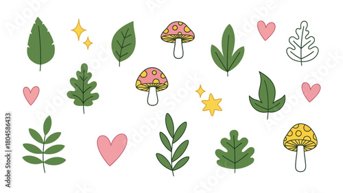Whimsical Garden Illustration: A collection of charming garden elements, including whimsical leaves, mushrooms, stars, and hearts, all playfully arranged on a simple field.