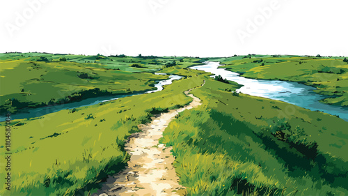 Scenic Path in Field with River Painting for Adobe Stock Photos