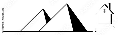 Free Download Two stylized pyramids alongside a minimalistic house design and an arrow indicating direction. Ideal for architecture, navigation, travel, simplicity, construction, housing, planning. Simple flat - GFXLoad