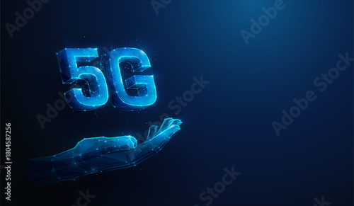Low Poly 5G Wireless Mobile Network Technology in Hand - Abstract Vector Illustration. Concept depicting tech expert bringing 5G innovative communication hardware by wireframe mesh on blue background