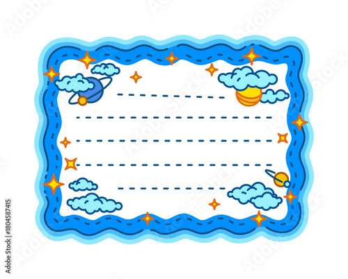 Space planet and sky kids memo note frame. Blue sky to do list memo note, cosmos child scrapbook vector sticker. Universe kid schedule label or frame with blue clouds, space planets and stars