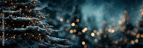 Christmas tree branches covered in snow, decorated with red berries and pine cones, with bokeh lights, copy space