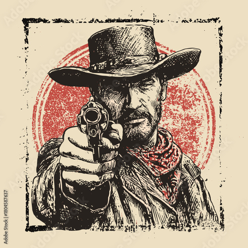 Vector illustration of a vintage ink stamp of a cowboy pointing a gun