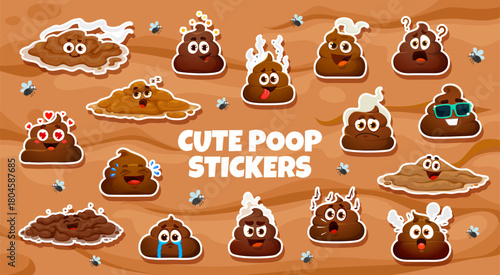Cartoon poop emoji stickers pack, vector kawaii meme poop characters with eyes and happy, crying and confused, in love and shocked emotions. Funny poo and shit emojis with flies on mud background