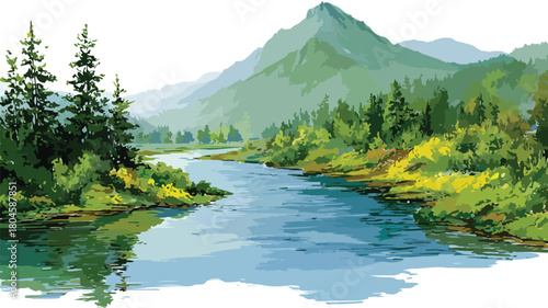 Serene River and Majestic Mountain Landscape Vector Painting