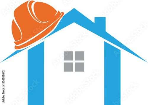 Blue house icon with orange construction hard hat and grey window home building