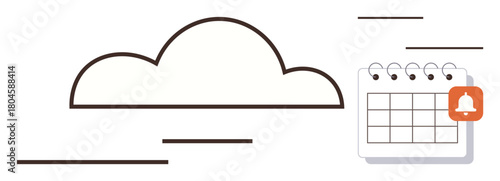 Cloud outline next to a calendar featuring a notification badge, representing synced schedules, data management, and timely reminders. Ideal for productivity, planning, teamwork, technology