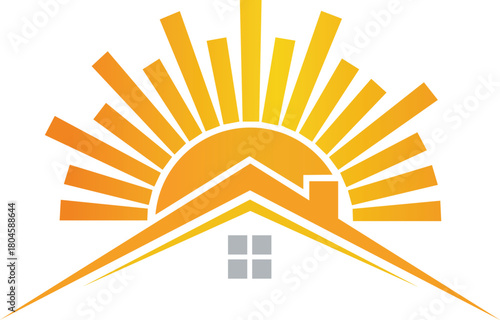 Abstract sunburst over stylized house roof with window sunrise sunset