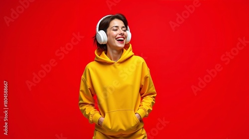 Happy positive woman, wearing yellow hoodie and white headphones posing on vibrant red background
