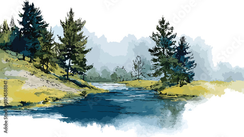 Serene River Landscape with Trees - Watercolor Painting