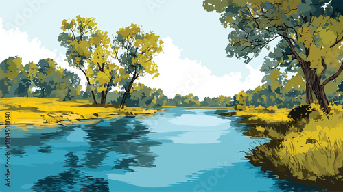 River Painting with Trees Vector Outline