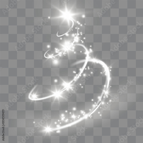 Soft glowing white light trails with bright glitter particles on a transparent background. Hazy curved swirls of glitter for light overlays and magical effects.