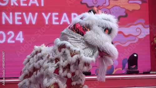 Chinese lion dance performing, Slow motion.	