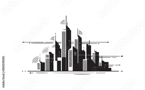 Smart City and Global Network Icon: Telecommunication, Wireless Connectivity, and Urban Tech