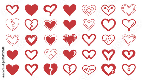 Hand drawn red heart icons set