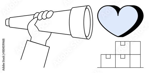 Hand holding telescope exploring future, heart symbolizing care, boxes denoting organization. Ideal for discovery, focus, strategy, logistics, planning care vision. Simple flat metaphor