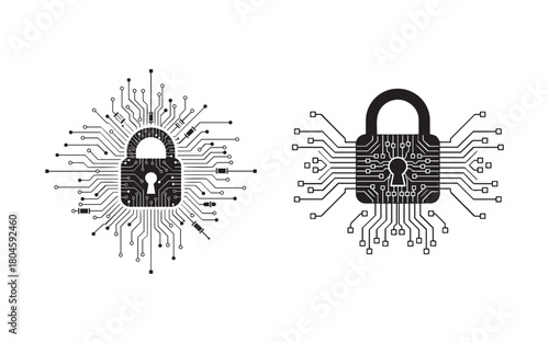 Cybersecurity Lock Icon: Digital Protection, Circuit Board Security, and Encryption Symbol