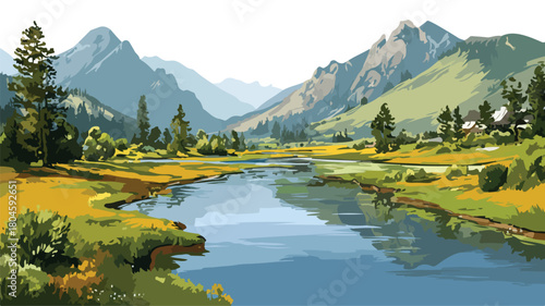 Scenic River and Mountain Landscape Nature View