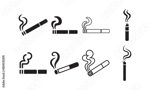 Burning Cigarette Smoke Icons Set Vector Silhouette Outline